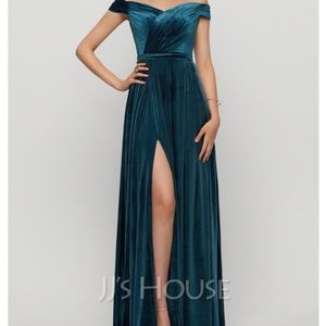 JJs House Teal Off-Shoulder Velvet Strapless Evening Gown with Thigh Slit